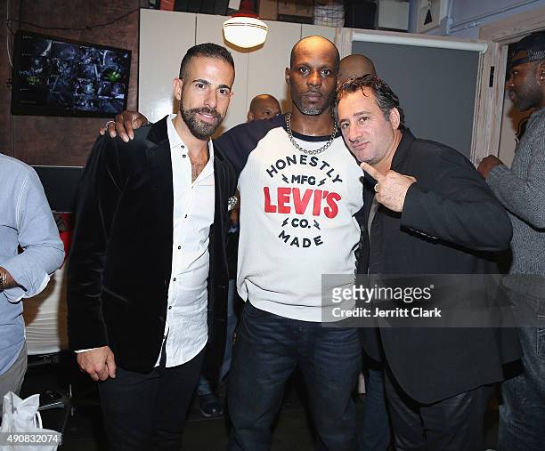 Yosi Benvenisti, DMX and Benny Silmas attend the Bounce Sporting Club 4 Year Anniversary Party at Bounce Sporting Club on September 30, 2015 in New...