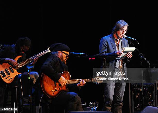 Cuban Muscian Carlos Varela and Jackson Browne perform at "The Poet Of Havana" screening during the 2015 Woodstock Film Festival at Ulster Performing...