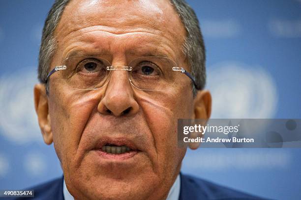 Russian Foreign Affairs Minister Sergey Lavrov speaks at a press conference at the United Nations on October 1, 2015 in New York City. Russia started...