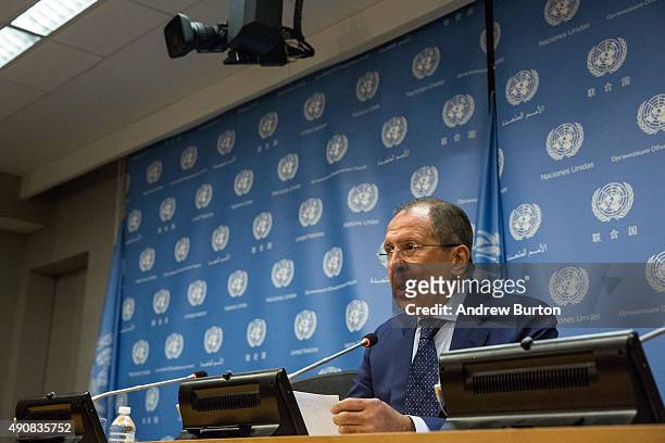 Russian Foreign Affairs Minister Sergey Lavrov speaks at a press conference at the United Nations on October 1, 2015 in New York City. Russia started...