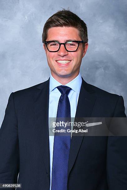 Kyle Dubas of the Toronto Maple Leafs poses for his official headshot for the 2015-16 season on September 17, 2015 at the Mastercard in Toronto,...