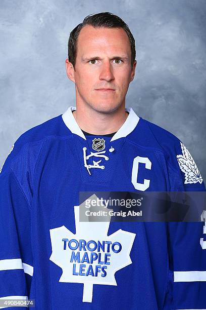 Dion Phaneuf of the Toronto Maple Leafs poses for his official headshot for the 2015-16 season on September 17, 2015 at the Mastercard in Toronto,...