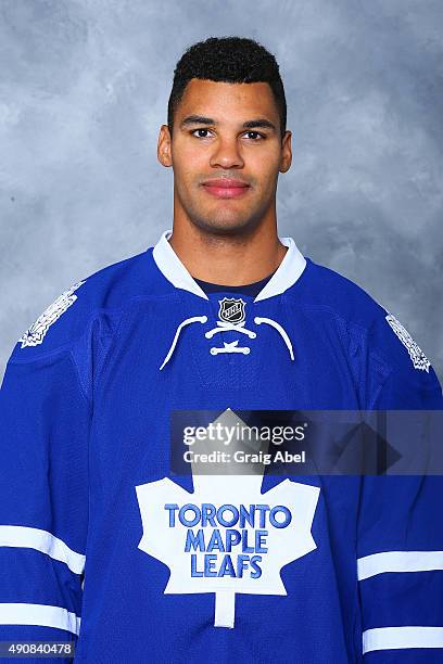 Mark Fraser of the Toronto Maple Leafs poses for his official headshot for the 2015-16 season on September 17, 2015 at the Mastercard in Toronto,...