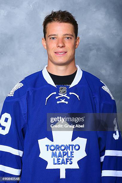 Matt Frattin of the Toronto Maple Leafs poses for his official headshot for the 2015-16 season on September 17, 2015 at the Mastercard in Toronto,...