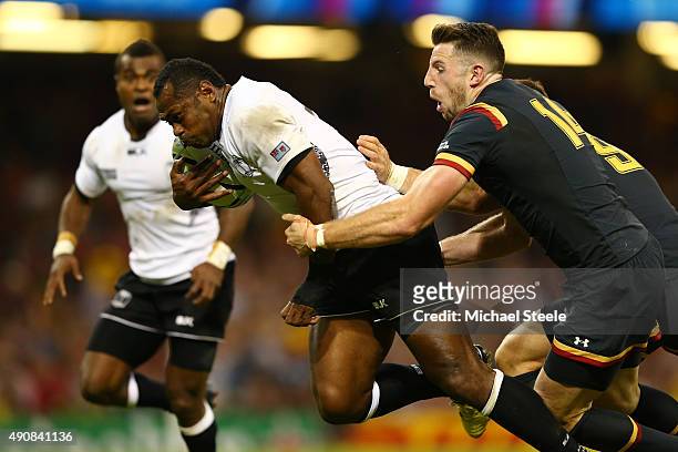Vereniki Goneva of Fiji scores their first try during the 2015 Rugby World Cup Pool A match between Wales and Fiji at the Millennium Stadium on...