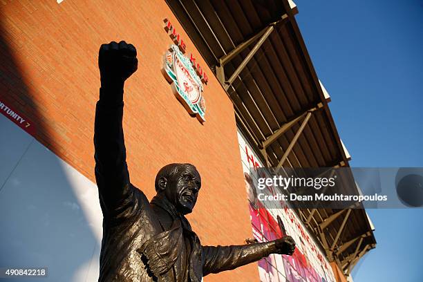 The Bill Shankly statue is seen prior to the UEFA Europa League group B match between Liverpool FC and FC Sion at Anfield on October 1, 2015 in...