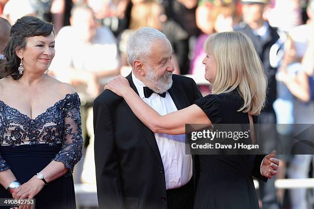 Marion Bailey, director Mike Leigh and producer Georgina Lowe attend the "Mr Turner" premiere during the 67th Annual Cannes Film Festival on May 15,...