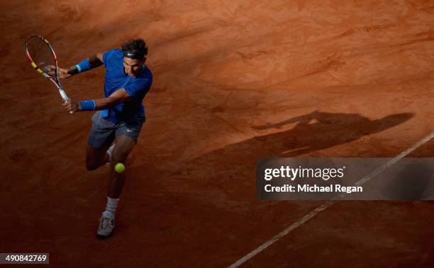 Rafael Nadal of Spain in action against Mikhail Youzhny of Russia during day 5 of the Internazionali BNL d'Italia 2014 on May 15, 2014 in Rome, Italy.