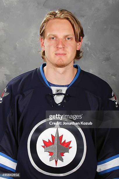 Axel Blomqvist of the Winnipeg Jets poses for his official headshot for the 2015-2016 season on September 17, 2015 at the MTS Centre in Winnipeg,...