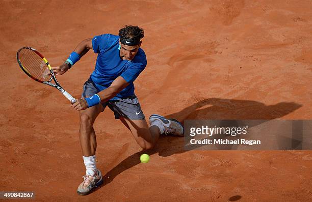 Rafael Nadal of Spain in action against Mikhail Youzhny of Russia during day 5 of the Internazionali BNL d'Italia 2014 on May 15, 2014 in Rome, Italy.
