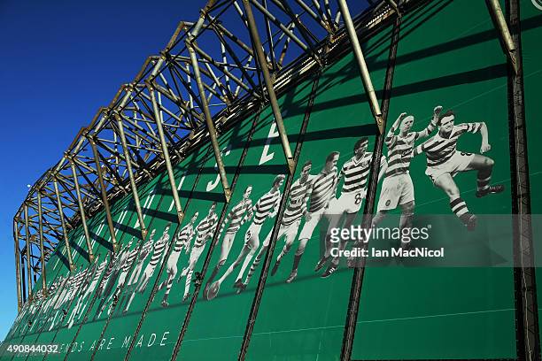 Celtic motif on the wall of the stadium before the UEFA Europa League match between Celtic FC and Fenerbahce SK at Celtic Park on October 01, 2015 in...