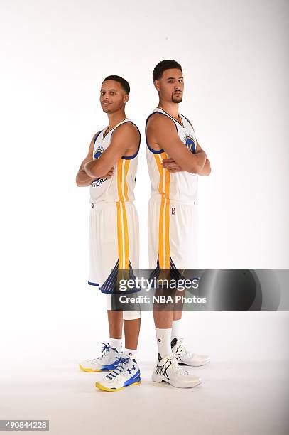 Stephen Curry of the Golden State Warriors and Klay Thompson of the Golden State Warriors pose for a portrait on September 28, 2015 at the Warriors...