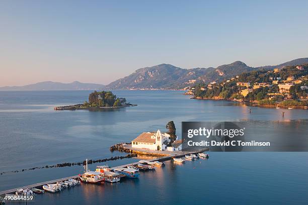 view to vlacherna monastery, kanoni, corfu, greece - corfu town stock pictures, royalty-free photos & images