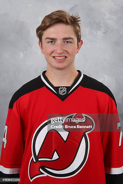 Blake Speers of the New Jersey Devils poses for his official headshot of the 2015-16 season at the Prudential Center on September 17, 2015 in Newark,...