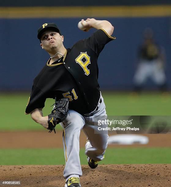 Wandy Rodriguez of the Pittsburgh Pirates pitches against the Milwaukee Brewers in the first inning of a game at Miller Park on May 15, 2014 in...