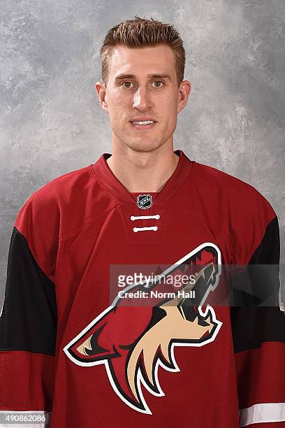 Michael Stone of the Arizona Coyotes poses for his official headshot for the 2015-2016 season at Gila River Arena on September 17, 2015 in Glendale,...