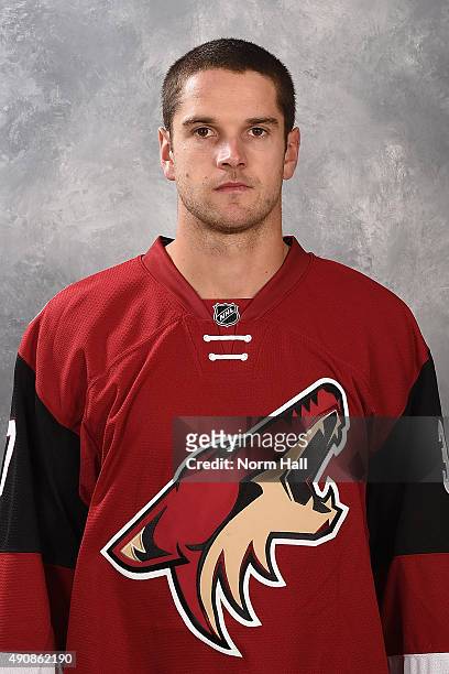 Dustin Jeffrey of the Arizona Coyotes poses for his official headshot for the 2015-2016 season at Gila River Arena on September 17, 2015 in Glendale,...
