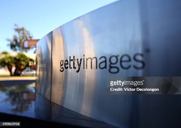 Detailed view of the Getty Images sign is seen on September 30, 2015 in Los Angeles, California.