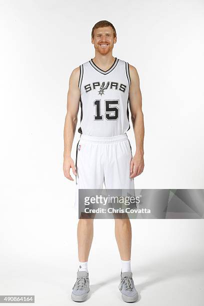 Matt Bonner of the San Antonio Spurs poses for a portrait during media day at the Spurs Training Facility on September 28, 2015 in San Antonio,...