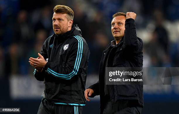 Head coach Andre Breitenreiter of Schalke celebrates after winning the UEFA Europa League Group K match between FC Schalke 04 and Asteras Tripolis FC...