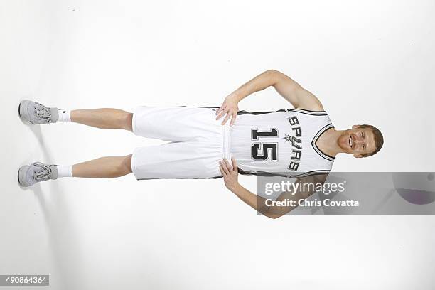 Matt Bonner of the San Antonio Spurs poses for a portrait during media day at the Spurs Training Facility on September 28, 2015 in San Antonio,...