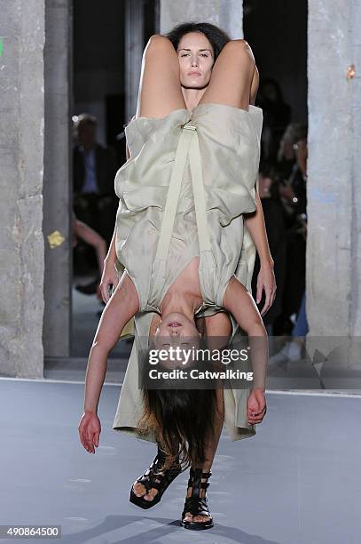 Model walks the runway at the Rick Owens Spring Summer 2016 fashion show during Paris Fashion Week on October 1, 2015 in Paris, France.