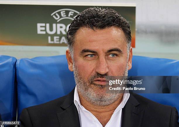 Saint-Etienne head coach Christophe Galtier looks on during the UEFA Europa League group G match between SS Lazio and AS Saint-Etienne at Olimpico...