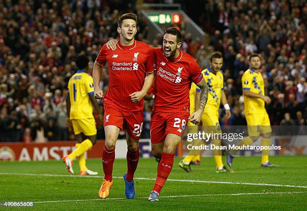 Adam Lallana of Liverpool celebrates scoring the opening goal wth Danny Ings of Liverpool during the UEFA Europa League group B match between...