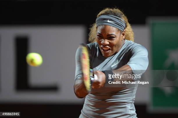 Serena Williams of the USA in action against Varvara Lepchenko of the USA during day 5 of the Internazionali BNL d'Italia 2014 on May 15, 2014 in...