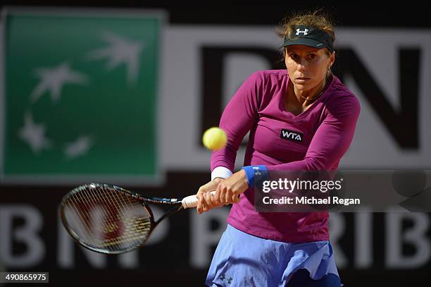 Varvara Lepchenko of the USA looks on in her match against Serena Williams of the USA during day 5 of the Internazionali BNL d'Italia 2014 on May 15,...