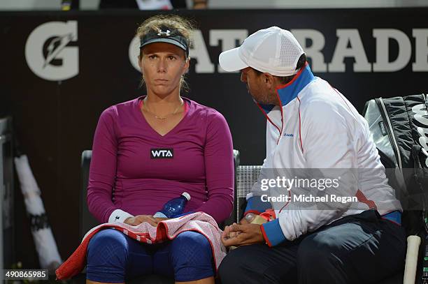 Varvara Lepchenko of the USA speaks to her coach during her match against Serena Williams of the USA during day 5 of the Internazionali BNL d'Italia...