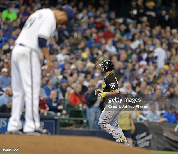 Gaby Sanchez of the Pittsburgh Pirates rounds the bases after his home run against Yovani Gallardo of the Milwaukee Brewers in the sixth inning of a...