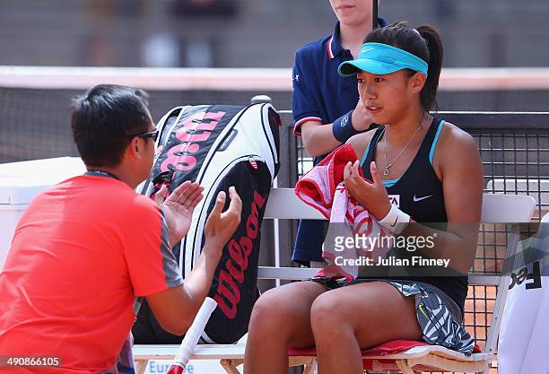 Shuai Zhang of China with coach in her match against Christina McHale of USA during day five of the Internazionali BNL d'Italia tennis 2014 on May...