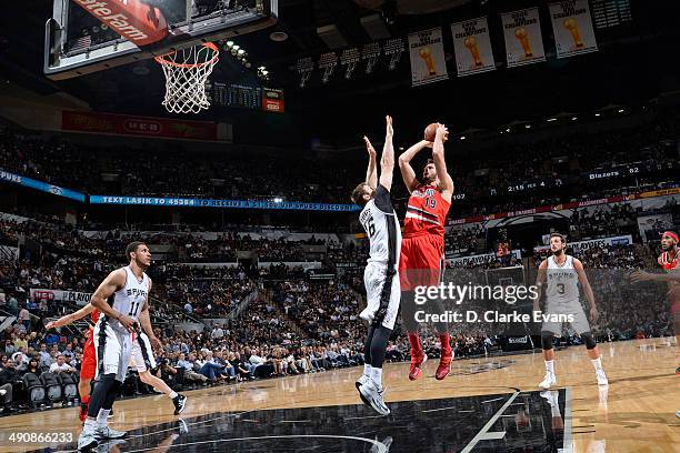 Joel Freeland of the Portland Trail Blazers shoots the ball against the San Antonio Spurs in Game Five of the Western Conference Semifinals during...