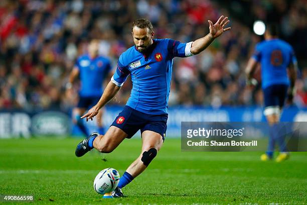 Frederic Michalak of France kicks a conversion during the 2015 Rugby World Cup Pool D match between France and Canada at Stadium mk on October 1,...
