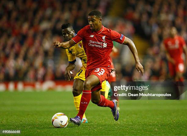 Jordon Ibe of Liverpool runs with the ball during the UEFA Europa League group B match between Liverpool FC and FC Sion at Anfield on October 1, 2015...