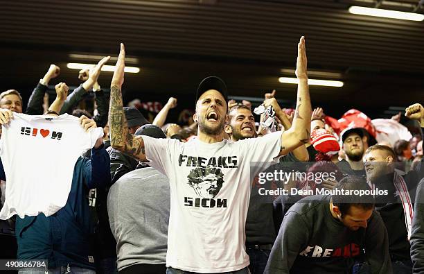 Sion fans show their support during the UEFA Europa League group B match between Liverpool FC and FC Sion at Anfield on October 1, 2015 in Liverpool,...