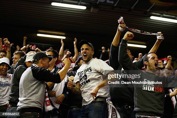 Sion fans show their support during the UEFA Europa League group B match between Liverpool FC and FC Sion at Anfield on October 1, 2015 in Liverpool,...