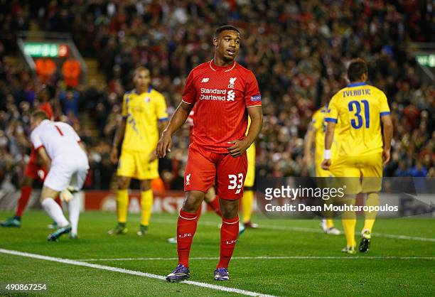 Jordon Ibe of Liverpool reacts during the UEFA Europa League group B match between Liverpool FC and FC Sion at Anfield on October 1, 2015 in...