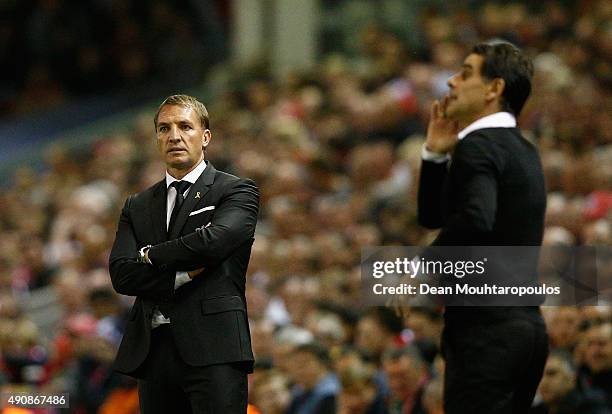 Brendan Rodgers manager of Liverpool looks on from the touchline during the UEFA Europa League group B match between Liverpool FC and FC Sion at...