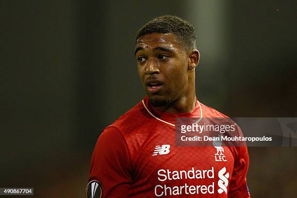 Jordon Ibe of Liverpool looks on during the UEFA Europa League group B match between Liverpool FC and FC Sion at Anfield on October 1, 2015 in...