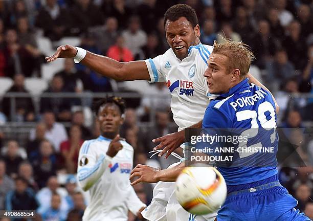 Marseille's Portuguese defender Jorge Pires de Fonseca Rolando vies with Liberec's defender Lukas Pokorny during the UEFA Europa League group F...