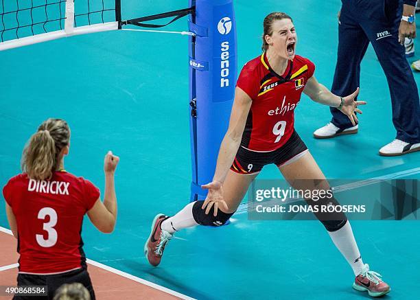 Belgium's Freya Aelbrecht reacts during the Women's EuroVolley 2015 quarterfinal match between between Belgium and Serbia in Antwerp, on October 1,...