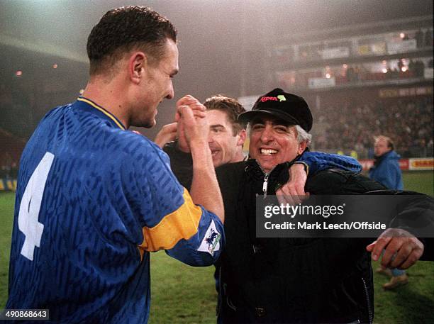 Cup Wimbledon v Aston Villa, Vinnie Jones and chairman Sam Hammam celebrate Wimbledon's victory.