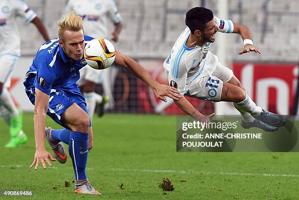 Liberec's defender Lukas Pokorny vies with Marseille's French midfielder Remy Cabella during the UEFA Europa League group F football match between...