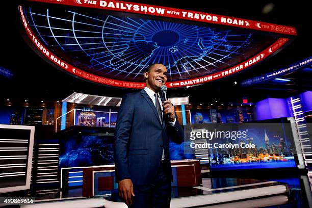 Daily Show host Trevor Noah is photographed on the set of the Daily Show for the Los Angeles Times on September 22, 2015 in New York City. PUBLISHED...