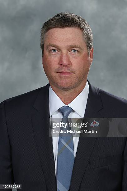 Patrick Roy of the Colorado Avalanche poses for his official headshot for the 2015-2016 NHL season on September 17, 2015 at the Pepsi Center in...