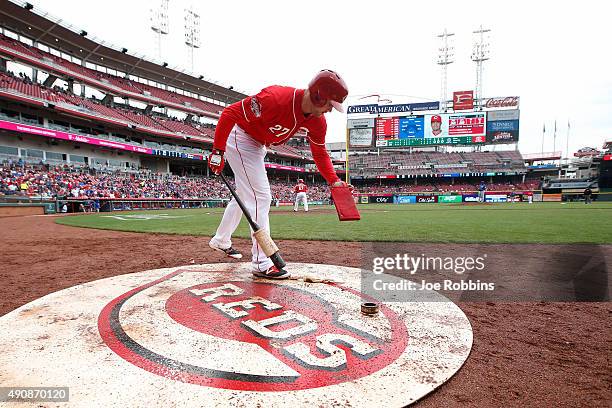 Brennan Boesch of the Cincinnati Reds gets ready to bat against the Chicago Cubs during the game at Great American Ball Park on October 1, 2015 in...
