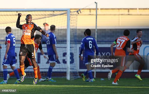 Chisamba Lungu of of FC Ural Sverdlovsk Oblast celebrate after scoring a goal during the Russian Premier League match between FC Volga Nizhny...