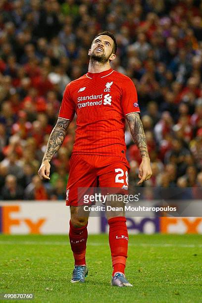 Danny Ings of Liverpool reacts during the UEFA Europa League group B match between Liverpool FC and FC Sion at Anfield on October 1, 2015 in...